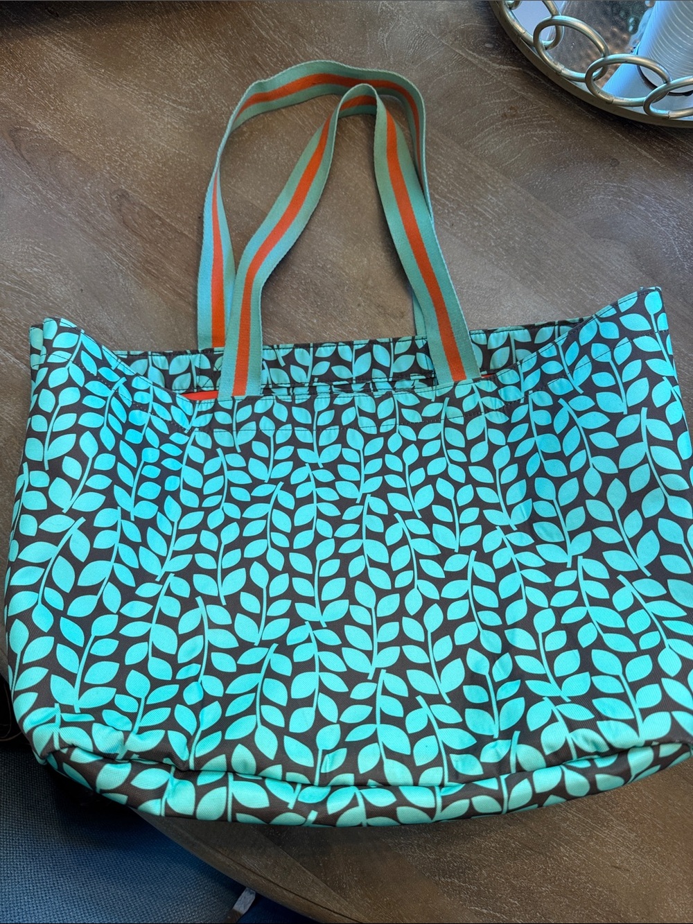 Vera Bradley Teal Leaf-Print Tote with Orange-Trim Straps